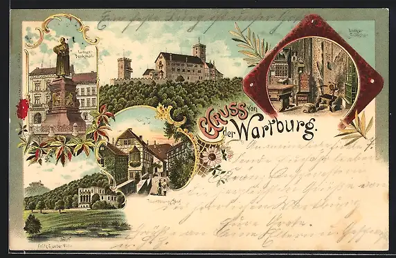 Lithographie Totalansicht der Wartburg, Wartburg-Hof und Lutherstübchen