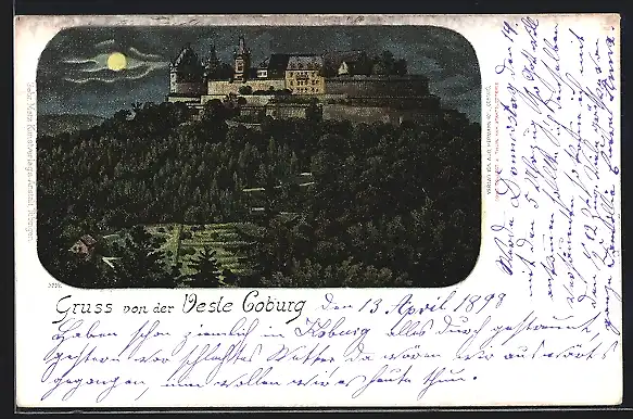 Lithographie Coburg, Veste Coburg bei Mondschein