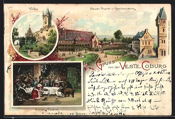 Lithographie Coburg, Veste, Neuer Thurm und Restaurant, Bären-Scene