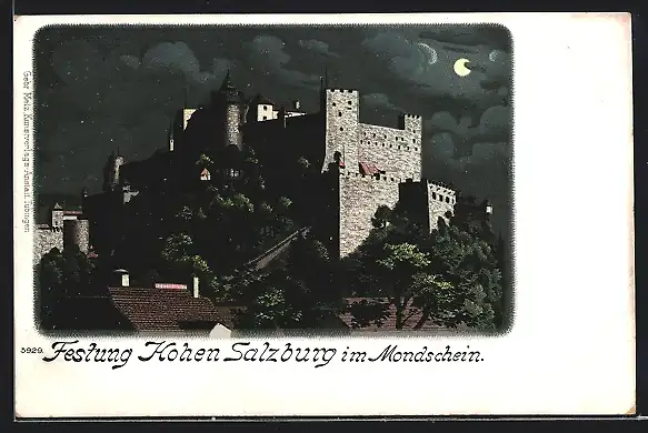 Lithographie Salzburg, Festung Hohen Salzburg im Mondschein