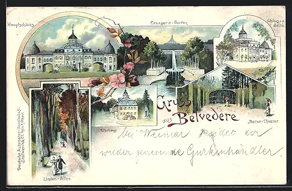 Lithographie Weimar / Thür., Naturtheater, Lindenallee und Orangerie-Garten