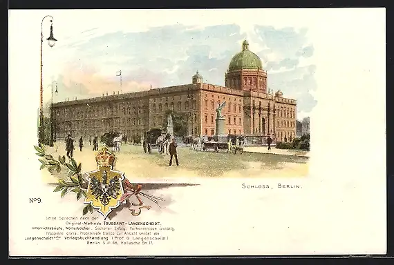 Lithographie Berlin, Schloss von der Strasse aus mit Kutschen