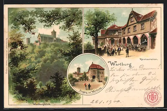 Lithographie Wartburg, Restauration, Burgeingang, Wartburgblick