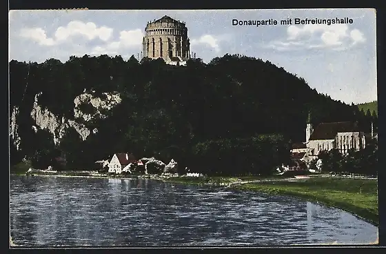 AK Kelheim a. D., Donaupartie mit Befreiungshalle