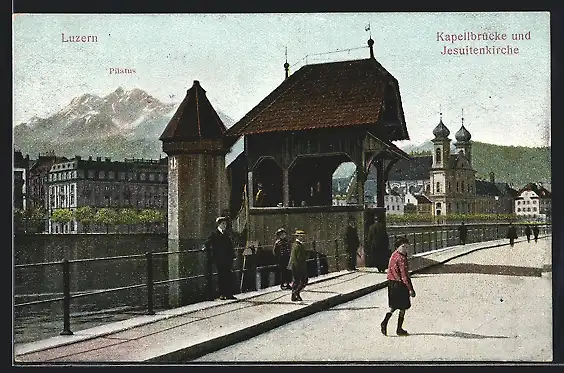AK Luzern, Kapellbrücke und Jesuitenkirche