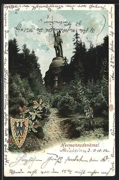 AK Teutoburger Wald, Hermanns-Denkmal mit umgebenden Bäumen, Wappen