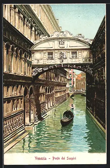 Lithographie Venezia / Venedig, Ponte dei Sospiri, Gondel unter der Seufzerbrücke