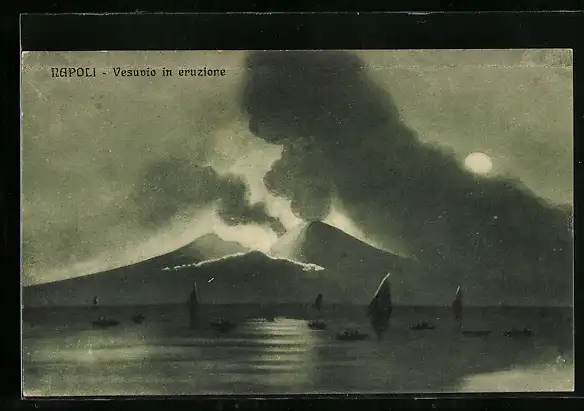 AK Napoli, Vesuvio in eruzione, Vesuv-Eruption, Segelboote auf dem Meer