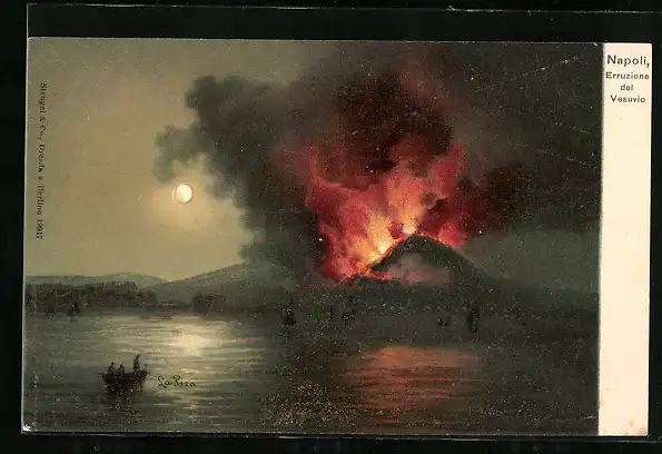 Lithographie Napoli / Neapel, Eruption des Vesuv