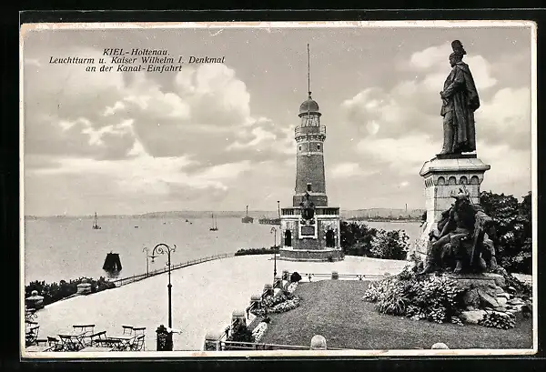 AK Kiel-Holtenau, Leuchtturm und Kaiser Wilhelm I. Denkmal an der Kanal-Einfahrt
