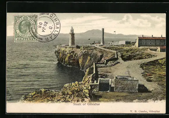 Künstler-AK Gibraltar, Panorama mit Leuchtturm