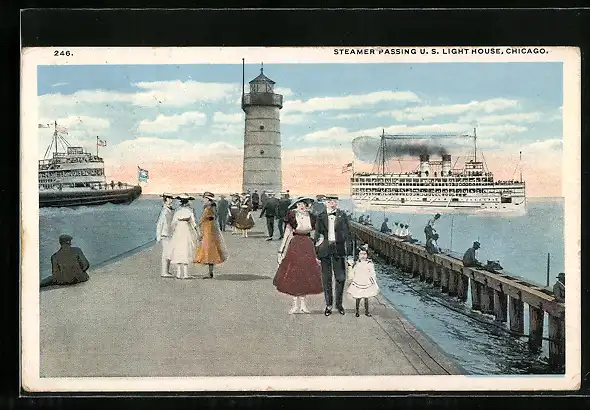 AK Chicago, Steamer passing U. S. Light House, Leuchtturm