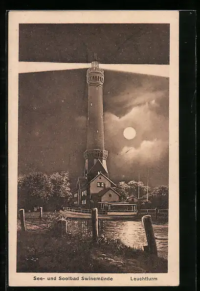 AK Swinemünde, Leuchtturm bei Mondschein