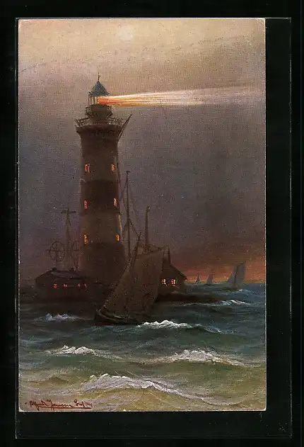 Künstler-AK Friedrichsort, Leuchtturm an der Kieler Föhrde