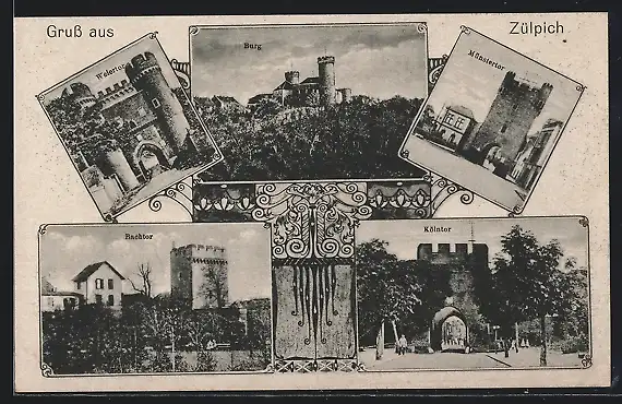 AK Zülpich, Burg, Weiertor, Münstertor und Kölntor