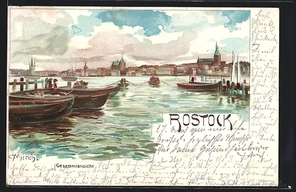 Lithographie Rostock, Uferpartie mit Booten