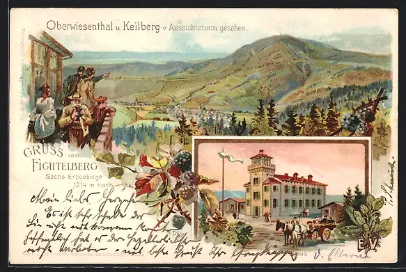 Lithographie Oberwiesenthal, Gasthaus auf dem Keilberg, Blick vom Aussichtsturm