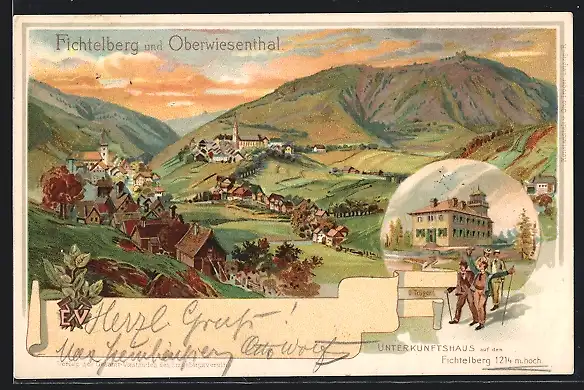 Lithographie Oberwiesenthal, Blick auf den Ort und das Unterkunftshaus auf dem Fichtelberg