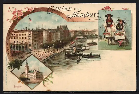 Lithographie Hamburg, Rathaus, Jungfernstieg mit Anlegestelle und Binnenalster, Frauen in Tracht