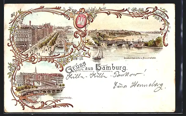 Lithographie Hamburg, Lombardsbrücke und Aussenalster, Jungfernstieg, Reesendammbrücke