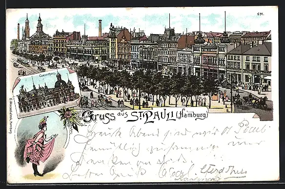 Lithographie Hamburg-St. Pauli, Auf der Reeperbahn, Concerthaus