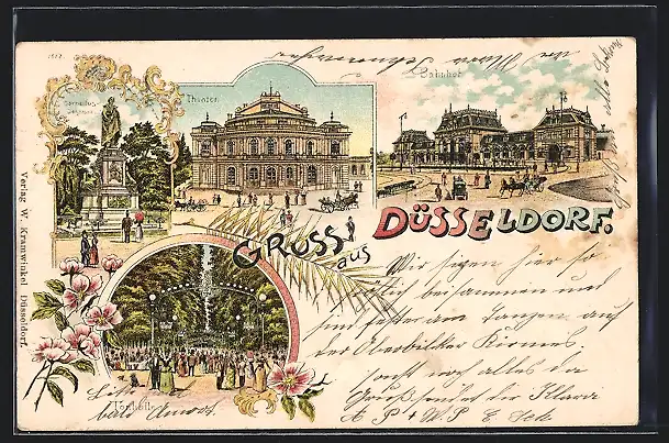 Lithographie Düsseldorf, Theater, Bahnhof, Cornelius-Denkmal