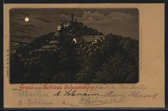 Lithographie Balduinstein, Blick zum Schloss Schaumburg