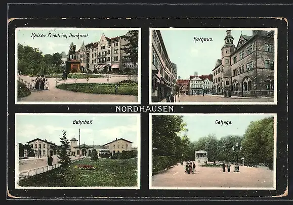 AK Nordhausen, Bahnhof, Gehege, Kaiser Friedrich Denkmal