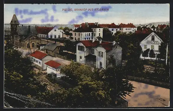 AK Mutzig, Bahnhof mit Kasernen, Gasthaus zum Grünen Wald