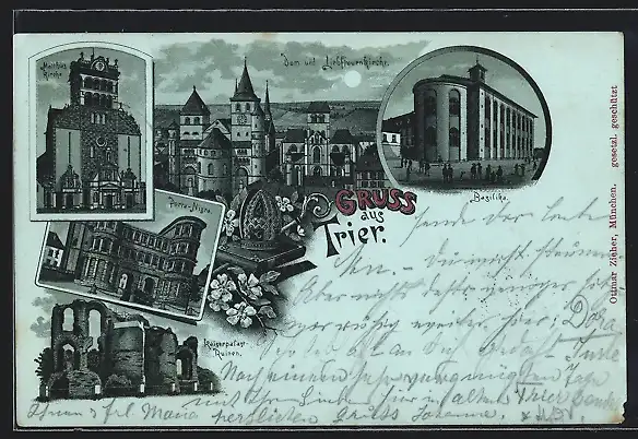 Lithographie Trier, Kaiserpalast-Ruinen, Porta-Nigra, Matthiaskirche und Liebfrauenkirche