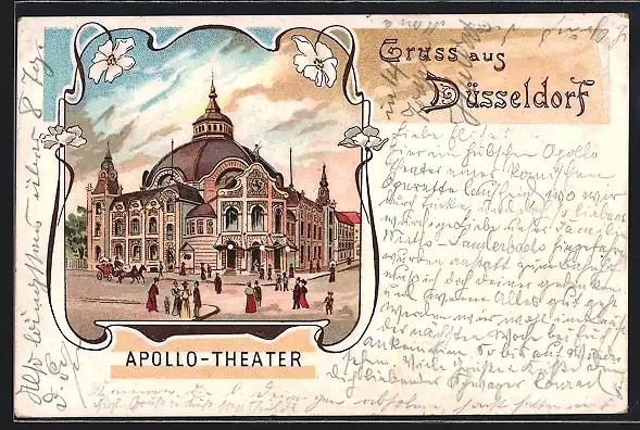 Lithographie Düsseldorf, Apollo-Theater mit Passanten