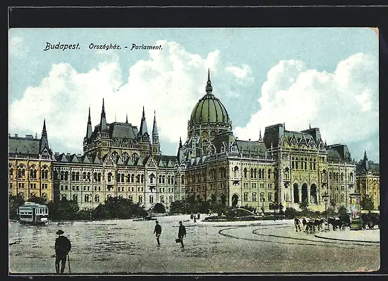 AK Budapest, Parlament mit Strassenbahn