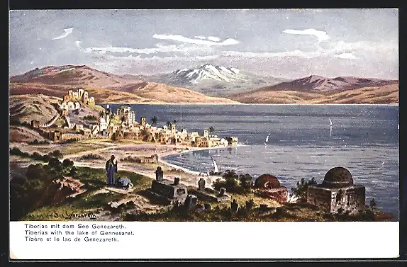 Künstler-AK Friedrich Perlberg: Tiberias, Ortsansicht mit dem See Genezareth