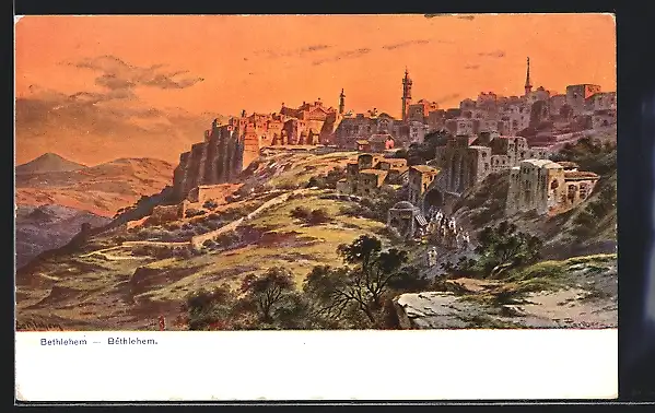 Künstler-AK F.Perlberg: Bethlehem, Blick zum Ort aus der Ferne