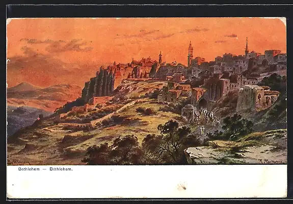 Künstler-AK F.Perlberg: Bethlehem, Blick zum Ort aus der Ferne