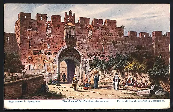 Künstler-AK F.Perlberg: Jerusalem, Stephanstor mit Händlerinnen