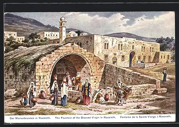 Künstler-AK F.Perlberg: Nazareth, der Marienbrunnen, Frauen mit Wasserkrügen