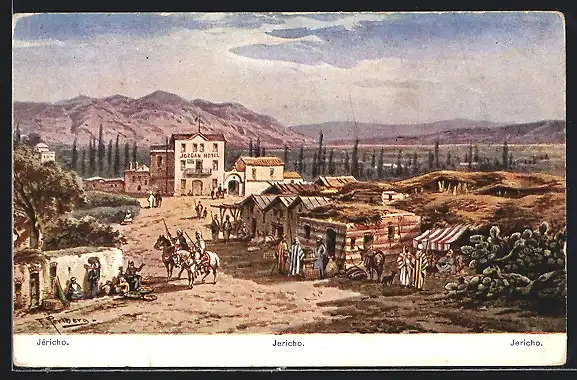 Künstler-AK F.Perlberg: Jericho, Jordan Hotel mit Beduinen