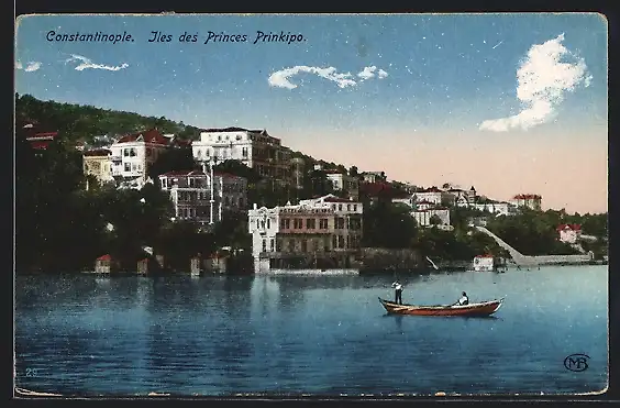 AK Constantinople, Iles des Princes Prinkipo, Ruderboot vor der Stadt