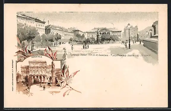 Lithographie Budapest, Akademia, Place Francois-Joseph avec L`Academie