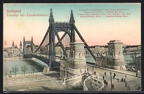 AK Budapest, Elisabethbrücke mit Passanten, Erzsébet hid
