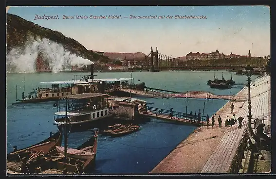 AK Budapest, Donaupartie mit Elisabethbrücke