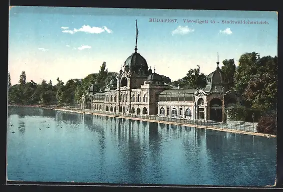 AK Budapest, Stadtwäldchenteich, Ortspartie