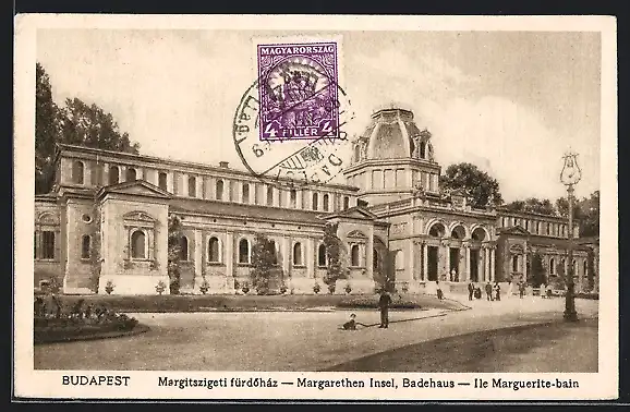 AK Budapest, Margarethen-Insel, Badehaus mit Strasse