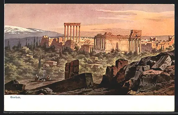 Künstler-AK F.Perlberg: Baalbek, Tempelanlagen aus der Ferne gesehen