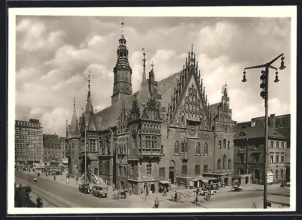 AK Breslau, Rathaus und Strasse aus der Vogelschau
