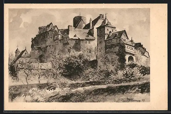 Künstler-AK Runkel a. d. Lahn, Burg Runkel