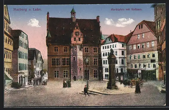 AK Marburg, Marktplatz mit Rathaus, Pferdekutsche