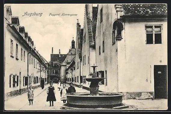 AK Augsburg, Fuggerei u. Brunnen in der Herrengasse