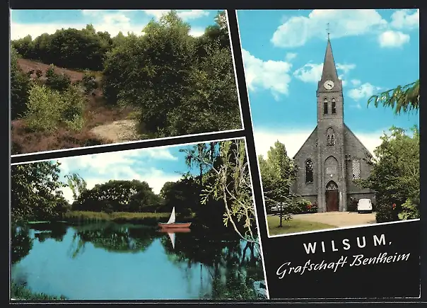 AK Wilsum / Bentheim, Kirche, Seeidylle, Landschaft